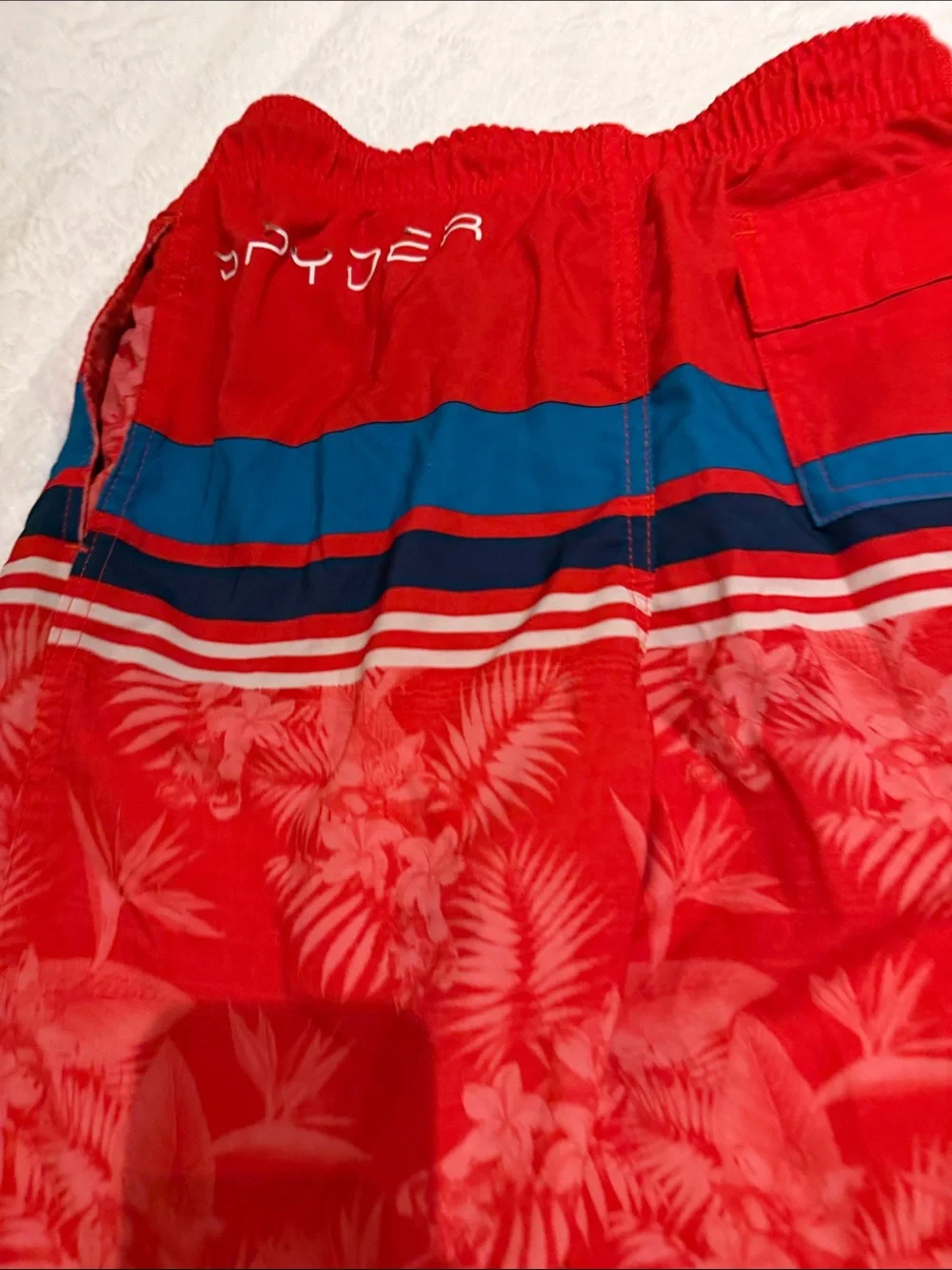 Red Tropical Print Swim Shorts with Blue Stripe Spyder Boys size M